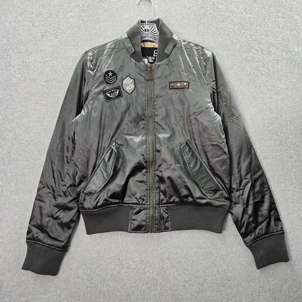 Fox Racing Women Jacket Small Gray Quilted Lined Bomber‎ Motocross Patches